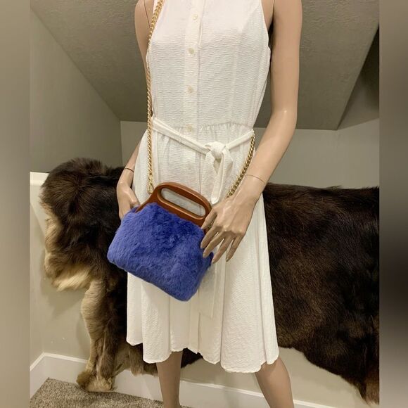 Handmade Real Rex Rabbit Fur Wooden Frame Top Handle Bag/Crossbody & 2 Straps - Picture 8 of 14